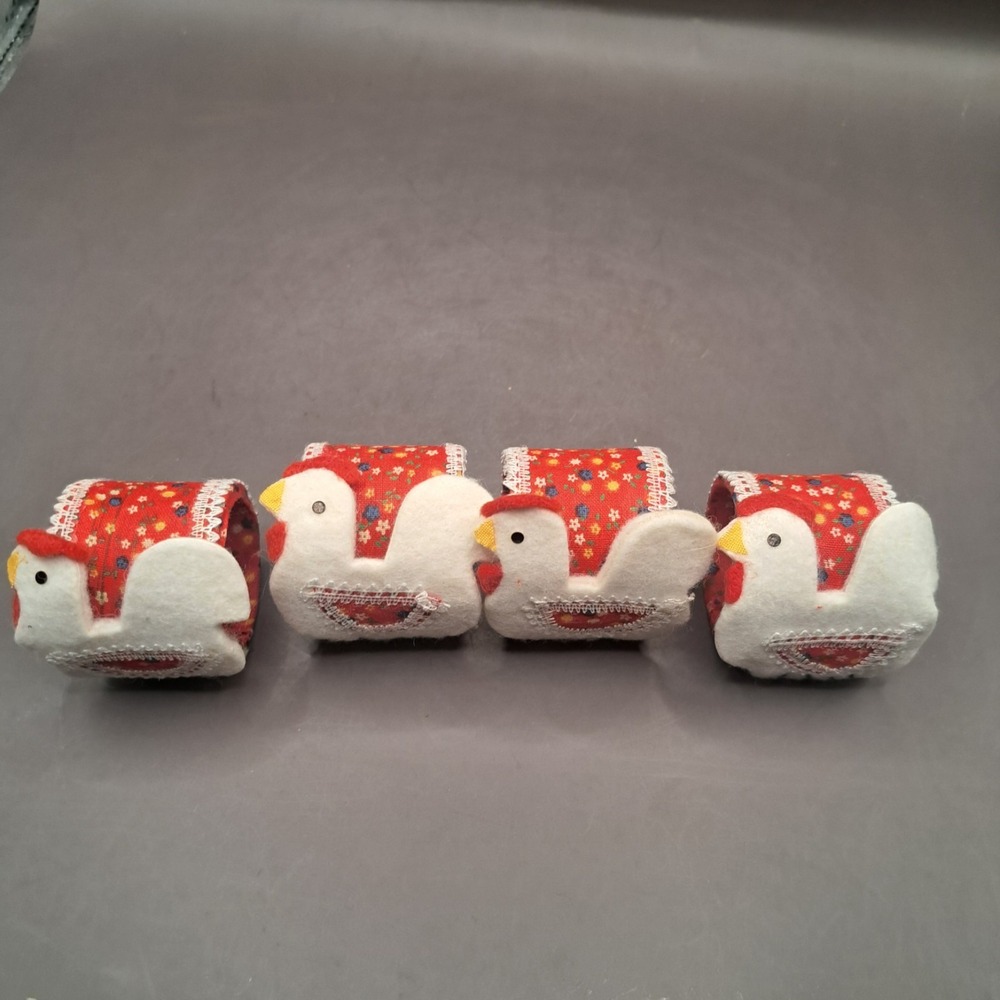 4 60's Vintage Felt Chicken Dimity Country Floral Rosenthal Netter Napkin Rings
